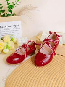 1双简约时尚英伦风蝴蝶结漆皮平底鞋，女童款，适合日常穿着，四季皆宜 - 紅色 - 查看 4