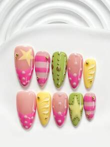 10pcs Spring Sweet & Cool Handpainted Nail Art Set, Including Gel Nail Kit, Yellow Star, Light Pink Polka Dot, Handpainted Water Wave Solid Color Nail Decor, Yellow & Green Nail Polish, Suitable For Party, Daily, Party, Photography, Date, Spring/Summer Commute Press On Nails - Nhiều màu - Xem 10