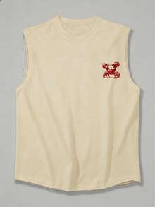 1pc Men's Summer Casual Sleeveless Printed Round Neck Tank Top, Suitable For Sports, Fitness And Daily Wear - Apricot - View 3