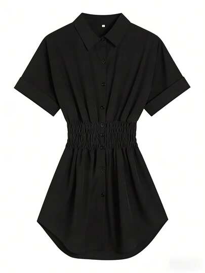 Black Elastic Waist Short Sleeve Shirt - Suitable For Casual And Formal Occasions, Casual Wear | Refined Style | Short Sleeve Shirt Summer