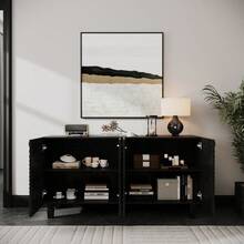59'' Modern Buffet Sideboard With 4 Sunburst Doors Credenza Storage Cabinet With Solid Wood Legs Large Storage Cabinet For Kitchen Dining Living Room Entryway Black - 黑色 + 實木 + 中密度纖維板 + 美式設計 + 經典 + 農舍 + 現代 - 查看 4