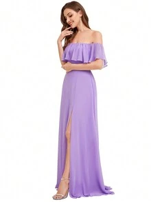 EVERPRETTY Elegant Off Shoulder Ruffle High Slit Bridesmaid Dress Wedding - Lilac Purple - View 5