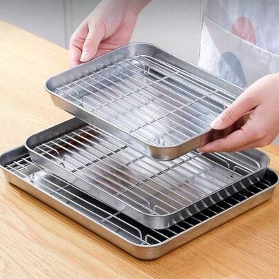 2 Pieces Set (Baking Tray+Mesh Rack) Stainless Steel Baking Tray With Cooling Rack, Durable Stainless Steel Baking Tray With Cooling Rack. Stainless Steel Baking Tray With Wire Frame For Use In Ovens, Ideal For Grilling Beef And Chicken, Available In Three Sizes
