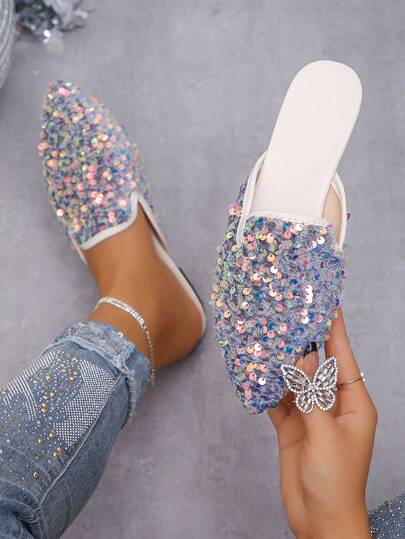 Giày bệt mũi nhọn đính đá, size lớn 35-45, kiểu dáng slip-on, thích hợp cho trang phục thường ngày, mùa xuân/hè/thu.