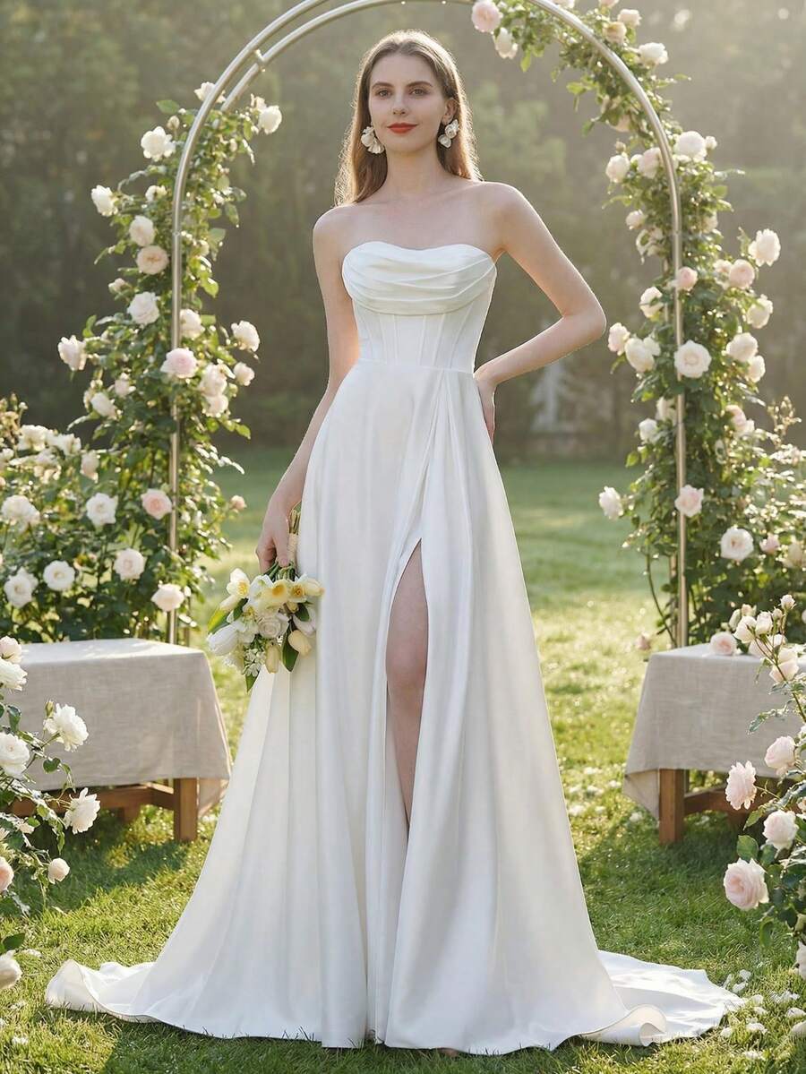 YOUKEFEIER Summer Elegant Sexy Strapless High Slit Satin Glossy Long Wedding Dress Bridal Gown Guest Evening Dress - Beige - View 1