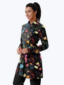 cimmuovere Women's Printed Zip-Up Scrub Jacket With Pockets, Workwear For Nurse, Dentist, Healthcare, Pet Hospital, Laboratory Black Spring - Black - View 3