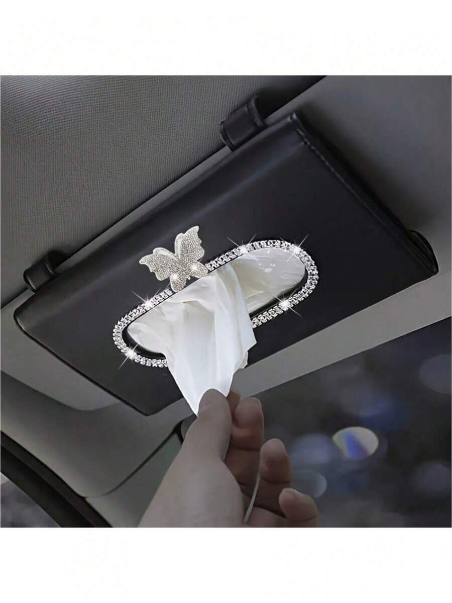 Étui de visière de soleil en PU de luxe et boîte de rangement pour essuie-glaces - s'adapte à la plupart des véhicules, boîte de rangement pour tableau de bord avec design en cristal et diamant, accessoires d'intérieur de voiture (convient à la plupart des véhicules) - Taille unique - Voir 1
