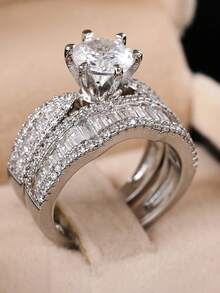 2pcs Luxurious Cubic Zirconia Stone Rings, Suitable For Women, Ideal For Weddings, Engagements, Anniversary Parties, Valentine's Day Gifts - Silver - View 7