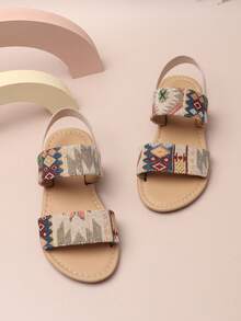 1 Pair Children's Summer Double-Strap Sandals, Elastic Back Strap Open Toe Bohemian Soft Bottom Beach Shoes - Beige - View 2