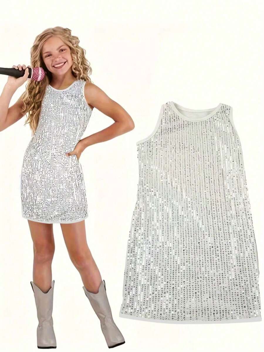 8-12 Years Girls Sleeveless Sequin Dress (Headband Not Included), Fashion Princess Party Dress, Suitable For Stage Performance/Party/Birthday - White - View 1