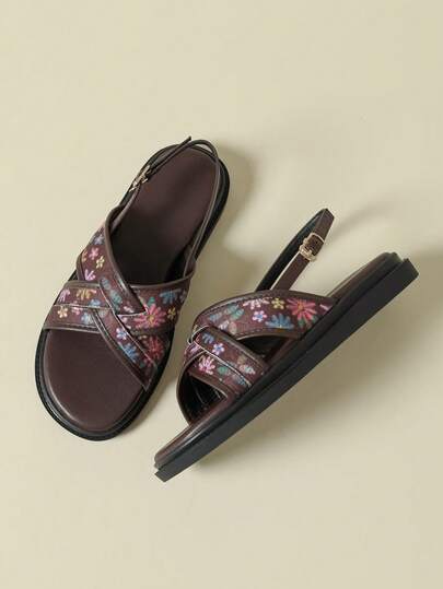 Women's Flat Sandals With Buckle Strap, Low Heel Thick Sole, Colorful Ditsy Floral, Bohemian Style, Retro Vintage, Open Toe, Comfortable Summer New, Wedge, Low Heel, Not Tired Feet, Fashion Outdoor Beach, Random Colorful Flower, 2026 Spring Autumn, Coffee Brown Candy Color Asymmetrical Small Floral, Breathable Fresh Elegant, Suitable For Dress Casual Sports, Strap Criss-Cross Roman Shoes, Size 33-43
