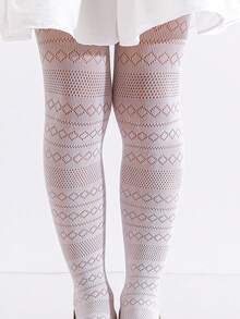 1 Set Girls' Diamond Jacquard Hollow Out Leggings, 2pcs Different Style Tight Fishnet Stockings, Suitable For Outfit In Spring/Summer - White - View 6