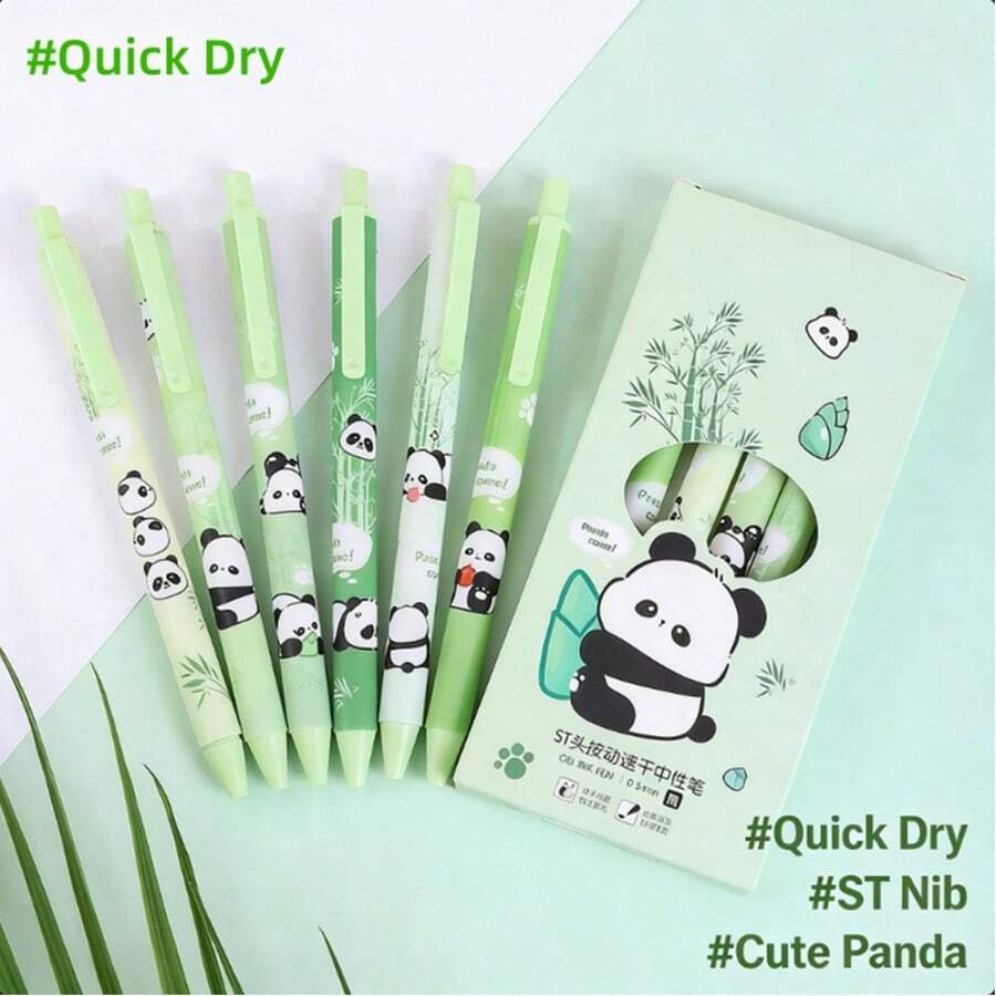 6 peças/Conjunto Novas Canetas de Gel Apagáveis com Design Panda & Bambu, Estilo Minimalista INS, Canetas de Assinatura Duráveis com Elevada Relação Custo-Benefício [Tinta Preta], Volta às Aulas - A - Ver 1
