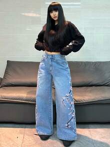 1件女士休闲刺绣宽松直筒牛仔裤，舒适百搭的街头时尚四季裤装（不含腰带/配饰） - 藍色 - 查看 8