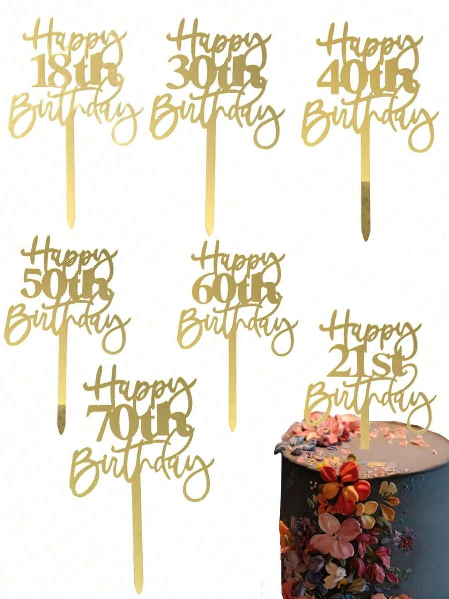 1 pieza/3 piezas/5 piezas Decoración para tarta "Feliz Cumpleaños" en dorado, adecuado para fiestas de cumpleaños 18/21/30/40/50, decoración de tarta de acrílico, suministros para fiestas de cumpleaños, artículos esenciales para hornear, regalo festivo y decoración de fiesta