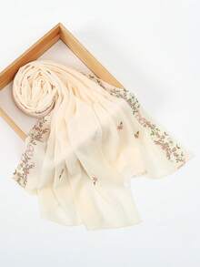 1条女士纯色花卉刺绣雪纺头巾，尺寸70x170厘米，柔软舒适，轻盈透气，用途广泛，长款设计，优雅的撞色刺绣，适合日常佩戴，四季皆宜。 - 彩色 - 查看 16