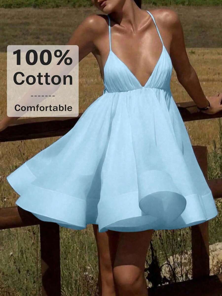 Đầm ngắn nữ 2026 thoáng khí chất liệu vải lanh cotton, thiết kế buộc dây phía sau, viền bèo nhún, thích hợp cho lễ tốt nghiệp, lễ hội âm nhạc Coachella, hẹn hò, tiệc tựu trường, thanh lịch mùa hè.