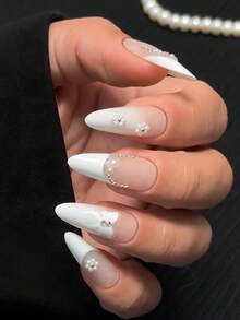 30 pièces Faux ongles à presser, ongles longs stilettos, ongles mignons et simples, ongles décoratifs de perles, ongles français, ongles Y2Y, faux ongles brillants à couverture intégrale pour usage quotidien, réutilisables pour femmes, faciles à porter et à retirer, équipés de colle de gelée et de fournitures pour limer les ongles, convient pour les fêtes, les danses, etc. - Blanc - Voir 1
