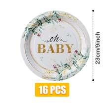 桉树绿箔纸“Oh Baby”一次性餐盘、餐巾纸和杯子套装，可供16位客人使用，适合生日、婚礼、派对、家庭野餐等场合。 - 款式3 - 查看 7