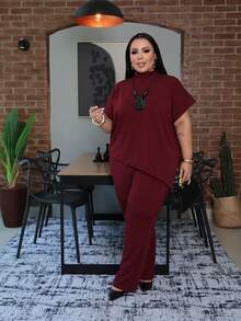 Elegant Plus Size Asymmetrical Set: Wide-Leg Pants And Loose-Fit Top - 查看 3