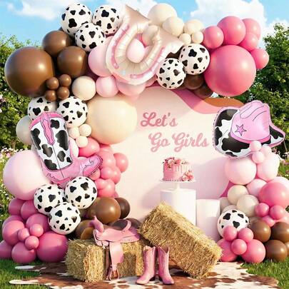 这款140件套牛仔女郎气球拱门套装包含粉色、玛卡色、棕色、沙色和白色气球，以及奶牛纹气球。它适用于牛仔女郎主题派对、我的第一次牛仔竞技表演、迎婴派对、生日派对、洗礼派对和西部主题派对装饰。