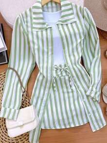 Women's Set: Long-Sleeved Shirt Dress And Shorts Skirt, Duna Fabric, Tailored Striped, Summer, Casual, Elegant, Beach, Vacation, Holiday, Outing. - 綠色 - 查看 3