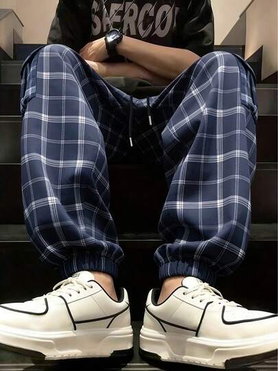 1pc Men's Casual Loose Plaid Pants, Suitable For Spring/Autumn, Beach, Vacation, Daily Commute, Workout, Outdoor, Fitness, Jogging, Everyday Wear, Fashionable Loose Fit Cropped Pants