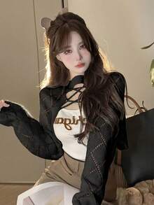 春夏新款性感披肩罩衫，女士短款针织长袖系带毛衣上衣，黑色 - 黑色 - 查看 6