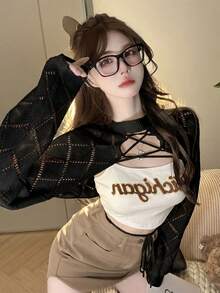 春夏新款性感披肩罩衫，女士短款针织长袖系带毛衣上衣，黑色 - 黑色 - 查看 3