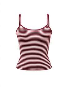 Vaiaye 女士时尚内衣风上衣，春夏条纹印花圆领修身休闲度假性感吊带背心，适合海滩度假和日常休闲穿着。 - 酒紅色 - 查看 3