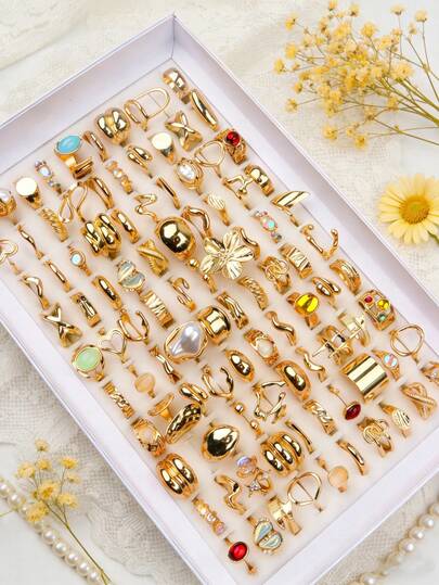 6/14/20/30件套 时尚复古弧形不规则仿珍珠镶嵌合金戒指套装 女士优雅花朵爱心混搭款式 随机首饰 派对婚礼 日常佩戴 指环配饰 礼品