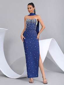 Elegant Pearl Decor Side Slit Strapless Bridesmaid Dress, Holiday Party Bandage Dress - Royal Blue - View 6
