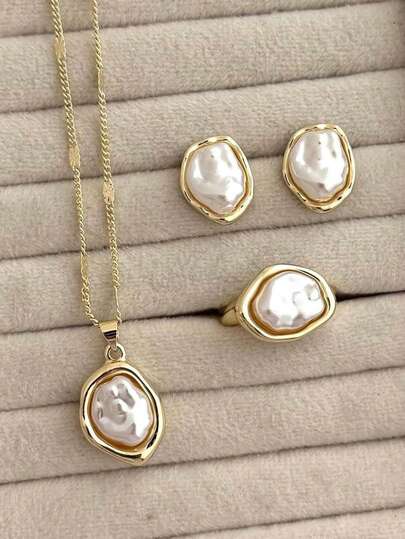 Set de 4 piezas de joyas con pendientes, anillo y collar con colgante de perlas barrocas de forma irregular, adecuado para uso diario, fiestas, ir al trabajo, regalo para amigos, novia, mamá