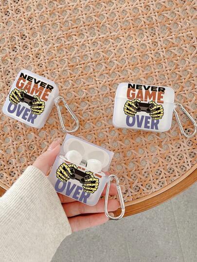 1 pieza Funda protectora transparente con diseño de calavera para auriculares Bluetooth anti-caída, con gancho de metal incorporado, anti-pérdida portátil. Grabado con eslogan de juego y patrón de mano de calavera, elegante y personalizado, ideal para jugadores de esports y gamers. Adecuado para regalar en San Valentín, cumpleaños, graduación, compatible con funda de