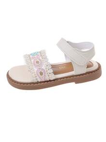 1 Pair Girls' Lace Mesh Embroidered Sandals With Sequin Decor, Simple Design, Flat Open Toe, Casual Comfortable, Suitable For Indoor And Outdoor Wear - Beige - View 9