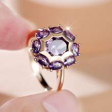 Vanel 1pc Elegant Gold-Tone Purple Cubic Zirconia Halo Ring, Delicate Floral Cluster Ring, Fashionable Jewelry For Women, Suitable For Daily Wear And Parties - Golden-purple - View 3