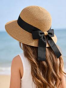 1 Peça Chapéu de Sol de Aba Larga com Laço Preto para Meninas de 2-6 Anos, Chapéu de Praia de Verão Fofo com Proteção UV para Crianças Pequenas em Viagens ao Ar Livre - Laço de fita - Visão 5