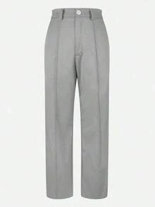 Jessefine Solid Color Zippered Pocket Suit Fabric Straight Leg Pants, Waistband-Less, Elegant For Commute, Office, Casual Wear, Spring/Summer Pink - 灰色 - 查看 5