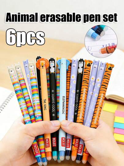 6pcs Animal Erasable Pen Set, Multiple Styles, High-Quality Printed Pen Barrels, Colorful Ink Refills, Smooth Writing, Built-In Eraser, 0.7mm Easy-Erase Ballpoint Pens, Student Prize Gifts