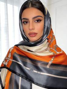 1件女士橙色腰链印花缎面长围巾 - 橘色 - 查看 1