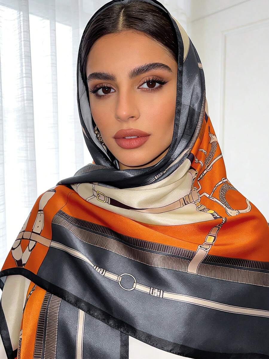 1件女士橙色腰链印花缎面长围巾 - 橘色 - 查看 1