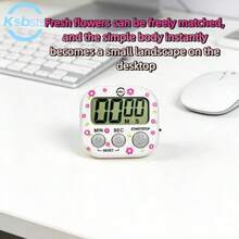 1pc DIY Floral Sticker Mini Timer, 8 Body Styles To Choose From, Digital Time Display, Minute/Second Adjustment, Start/Stop/Reset, Magnetic Attachment, Suitable For Kitchen, Study, Fitness, Office - Batteries Not Included (Random Sticker) - Multicolor - View 8
