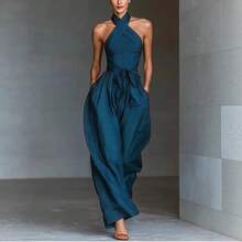 2026 Summer New Women's Fashion Elegant Temperament Lace-Up Linen Fabric Cross Strap Wide-Leg Jumpsuit Romper - 藍色 - 查看 4