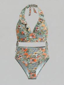 Sweetra 女士碎花吊带背心比基尼套装，浪漫海滩度假休闲装 - 青碧色 - 查看 1