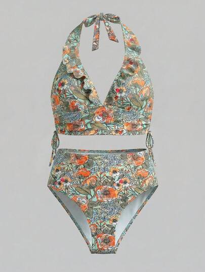 Sweetra Women's Ditsy Floral Spaghetti Strap Vest And Bikini Set, Romantic Beach Holiday Casual