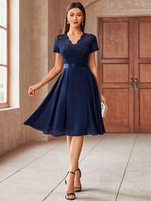 MIUSOL Elegant V-Neck Floral Lace Pleated Hem Chiffon Swing Dress, Suitable For Wedding Guests, Prom, Graduation Ceremony Summer - Navy Blue - View 10