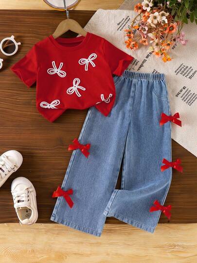 2pcs/Set Girls Fashionable Outfit, Includes Ribbed Knit Butterfly Decor T-Shirt Top + Butterfly Accent Denim Pants, Casual & Cute Summer Set For Little Girls