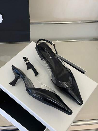 优雅女士高跟鞋，适合搭配连衣裙，百搭尖头细跟透明包头凉鞋，春夏款