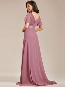 Butterfly Sleeve Chiffon Solid Color V-Neck Pleated Elegant Bridesmaid Dress Wedding - Dusty Pink - View 3