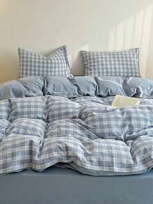 4pcs/Set, Plaid Design Blue Minimalist Style Soft & Thick High-End Bedding Set (1 Duvet Cover + 1 Bed Sheet + 2 Pillowcases), Not Including Quilt & Pillows, Random Printed Pillowcase Pattern - Dusty Blue - View 5
